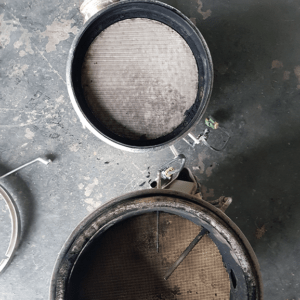 Internal view of a split DPF from a HYSTER Forklift before cleaning
